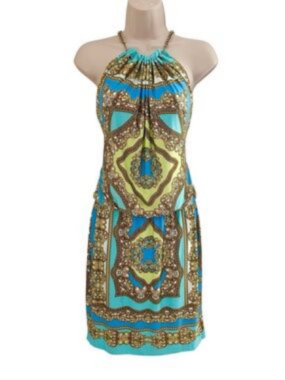 RARE Cache Turquoise Gold Metallic Halter Dress Y2K Silk Goddess Cocktail XS